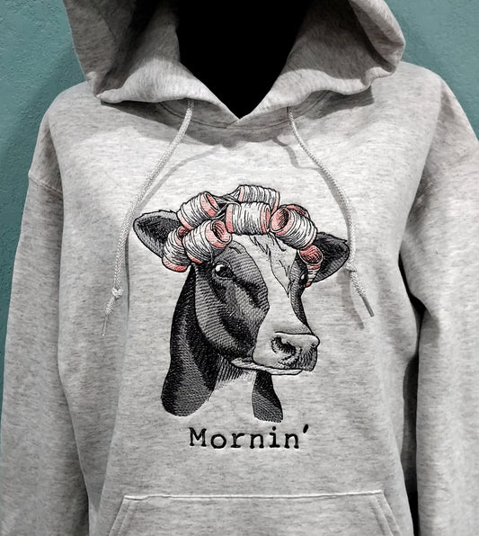 Embroidered Sweatshirt, Mornin'  Cow In Curlers