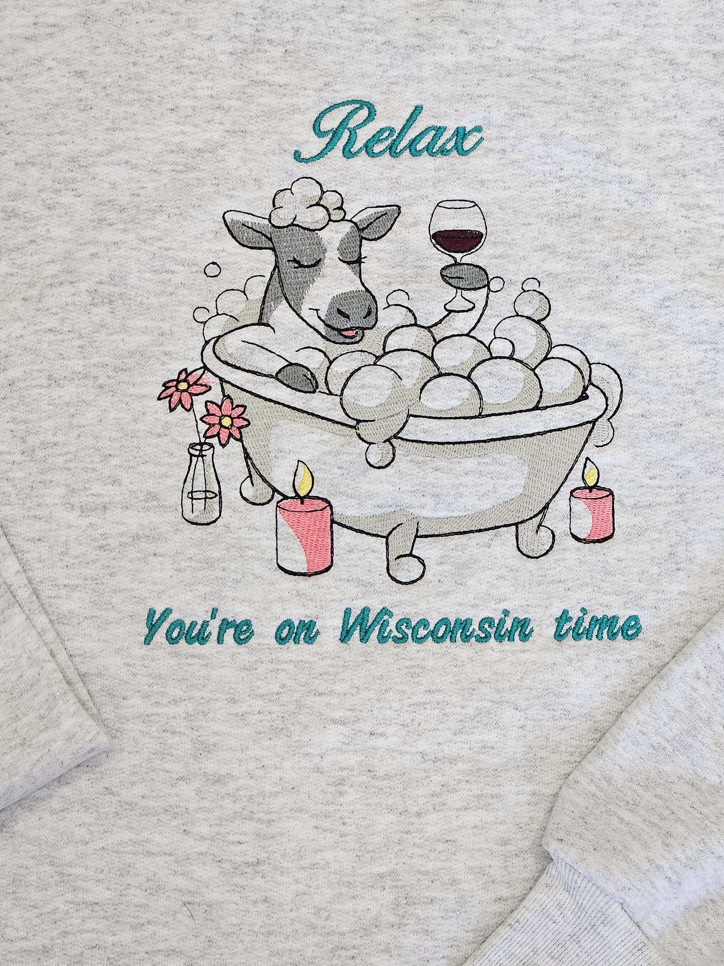 Embroidered Sweatshirt With Wisconsin Cow In A Bathtub Design