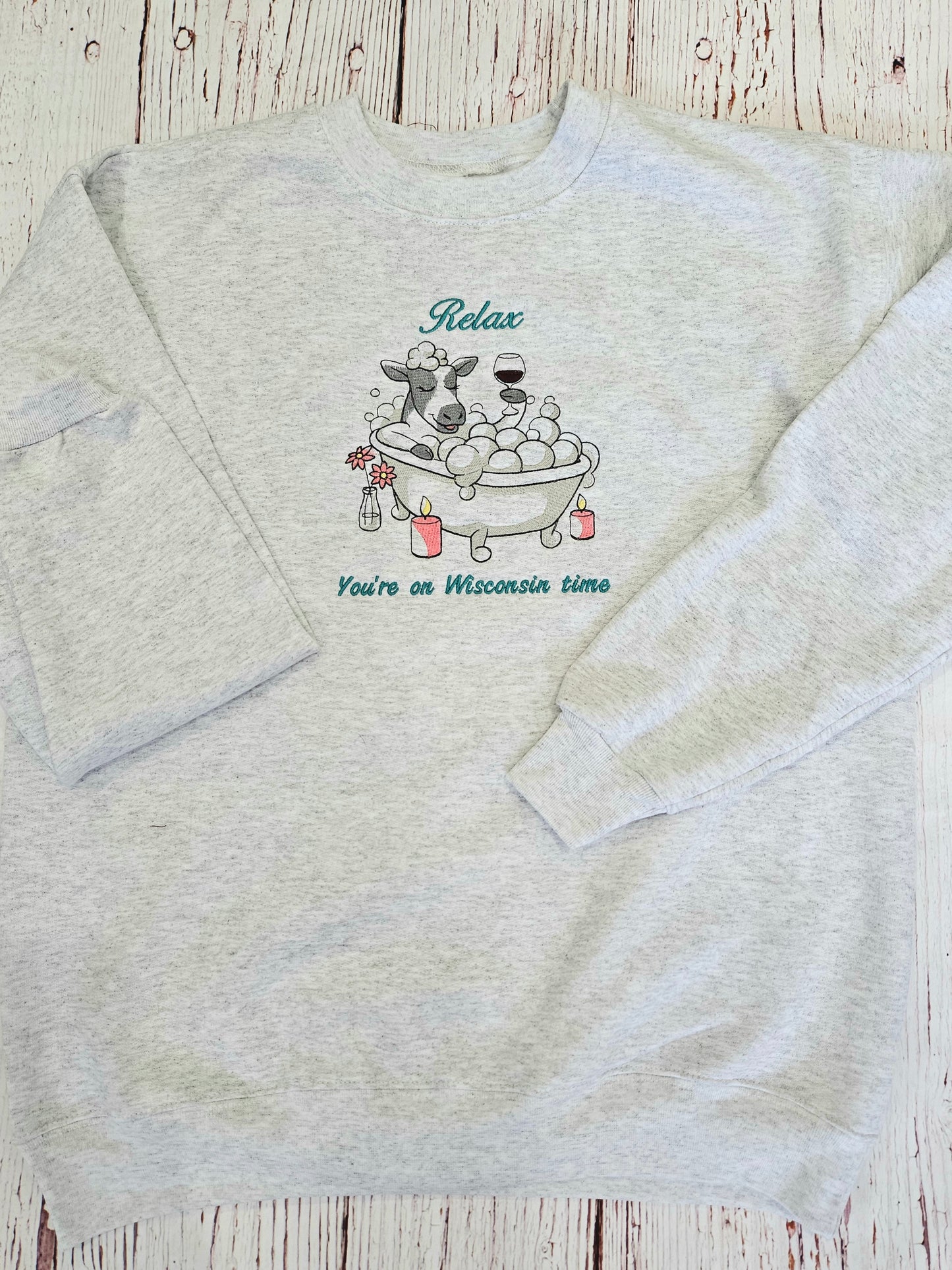 Embroidered Sweatshirt With Wisconsin Cow In A Bathtub Design
